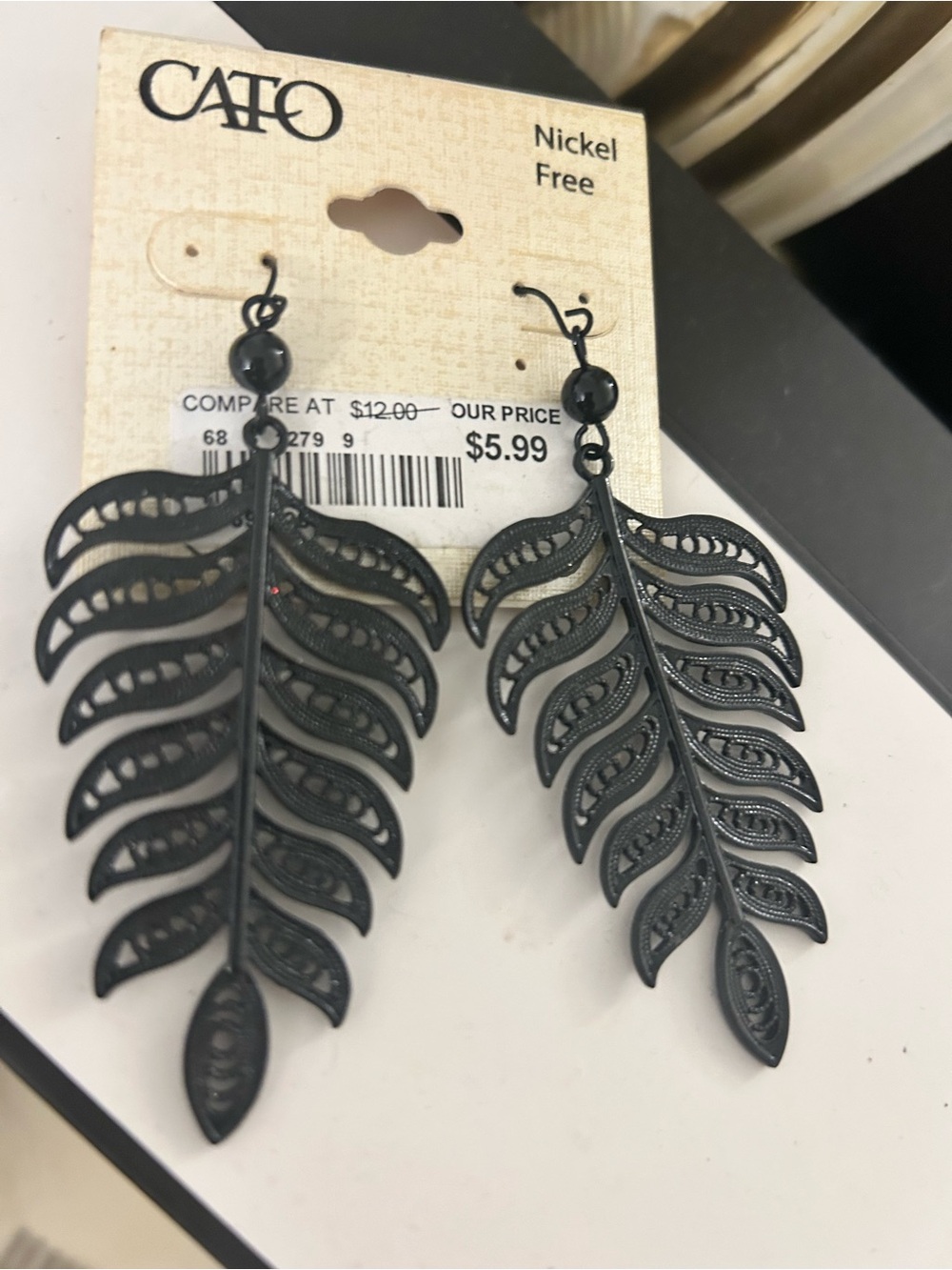 Cato Black Filigree Leaf Dangle Earrings